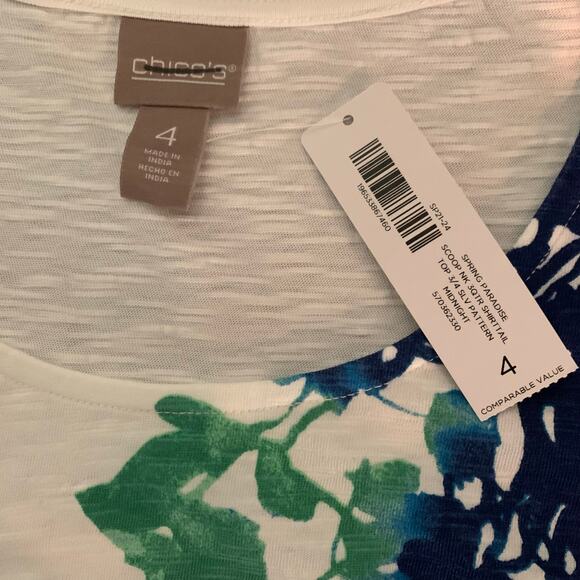 Chico's Top Women's Size 4 Spring Paradise Scoop Neck Floral 3/4 Sleeve NWT - Picture 3 of 6